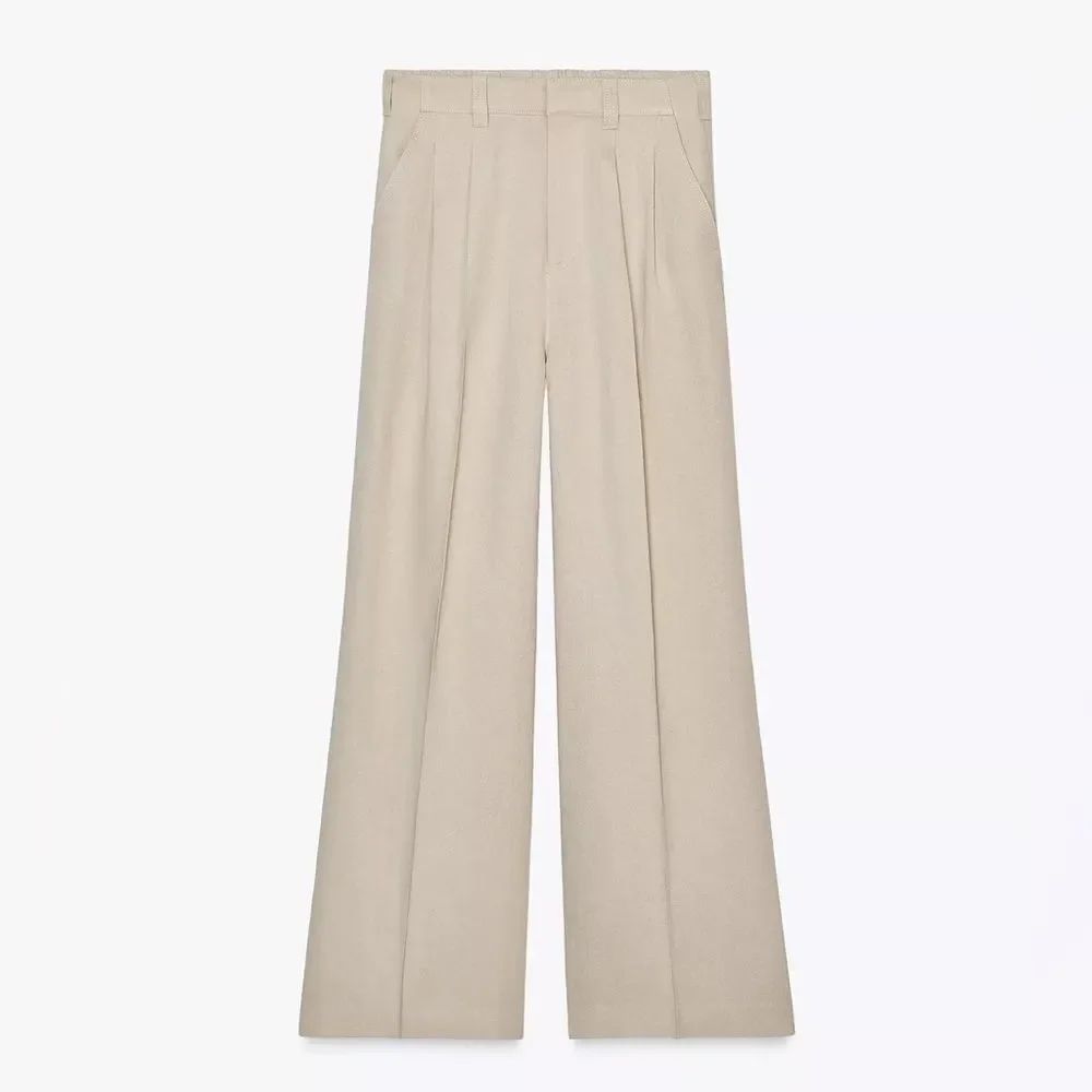 NWT ZARA High Waist Linen Blend Darted Trouser Pant in Camel Size XL